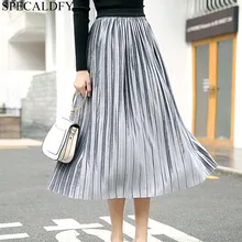 Весенне-зимняя бархатная юбка серебристого, серого, черного цвета, Женская длинная Плиссированная юбка, Женская винтажная юбка с высокой талией, вечерние юбки, Femme Faldas Mujer