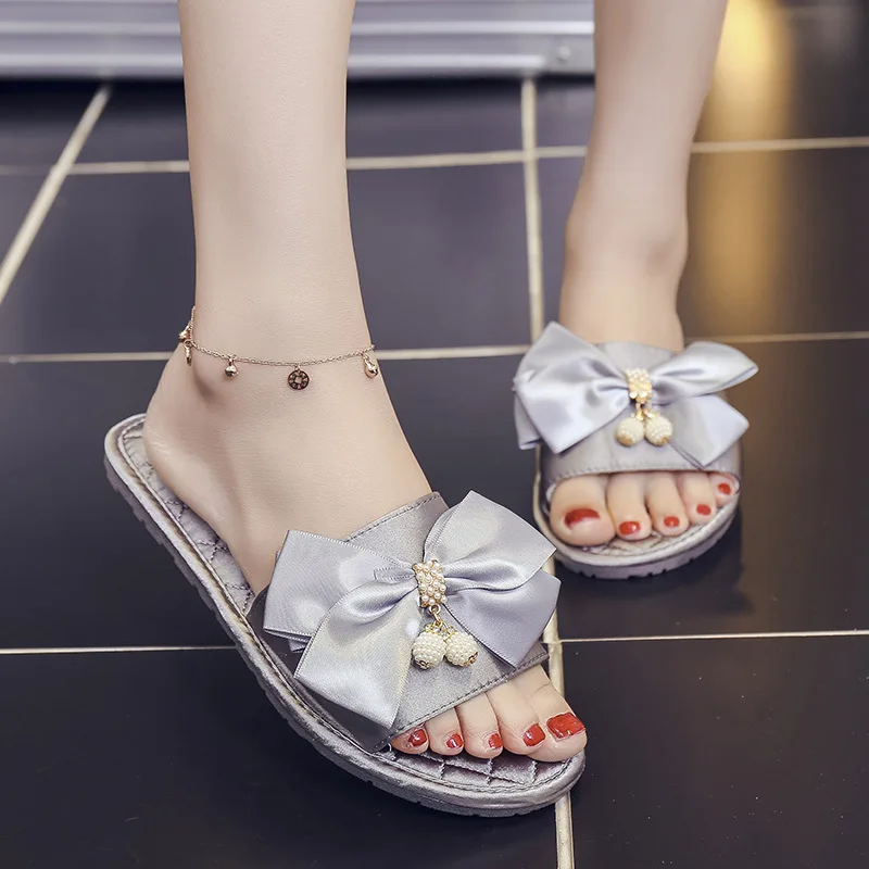 

New Style Bow Women's Slippers, Indoor Soft Bottom Anti-skid Silk Fabric Slippers, Flp Floor Womenen