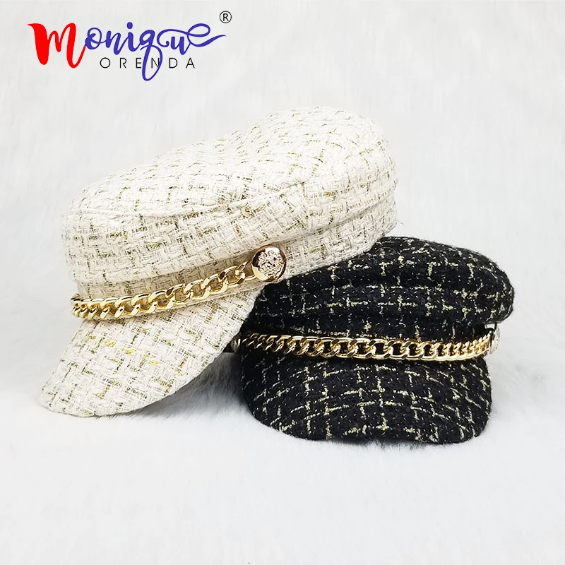 

Fashion woolen cap gold silk lattice Plaid wild octagonal cap autumn and winter retro stitching chain beret coats