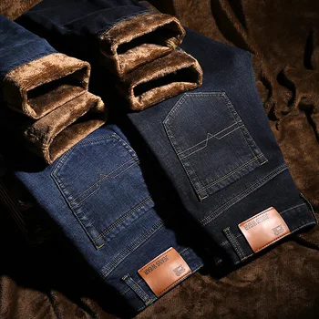 

Brand Mens Winter Stretch Thicken Jeans Warm Fleece High Quality Denim Biker Jean Pants Trousers Size 28-40