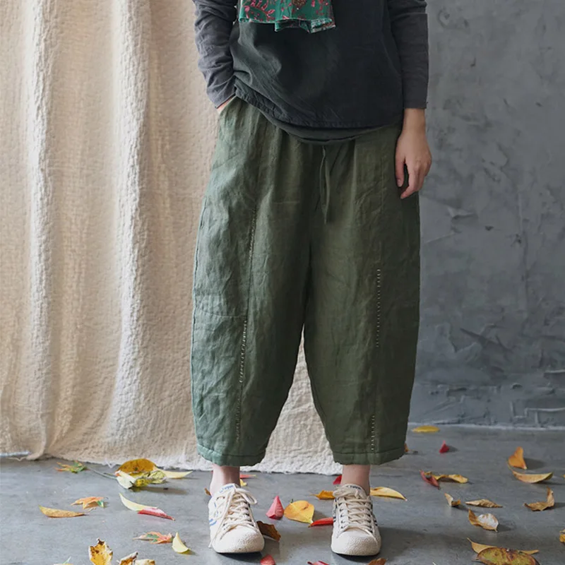 Женские зимние брюки 2020 винтажные с вышивкой и эластичной талией плотные теплые повседневные свободные