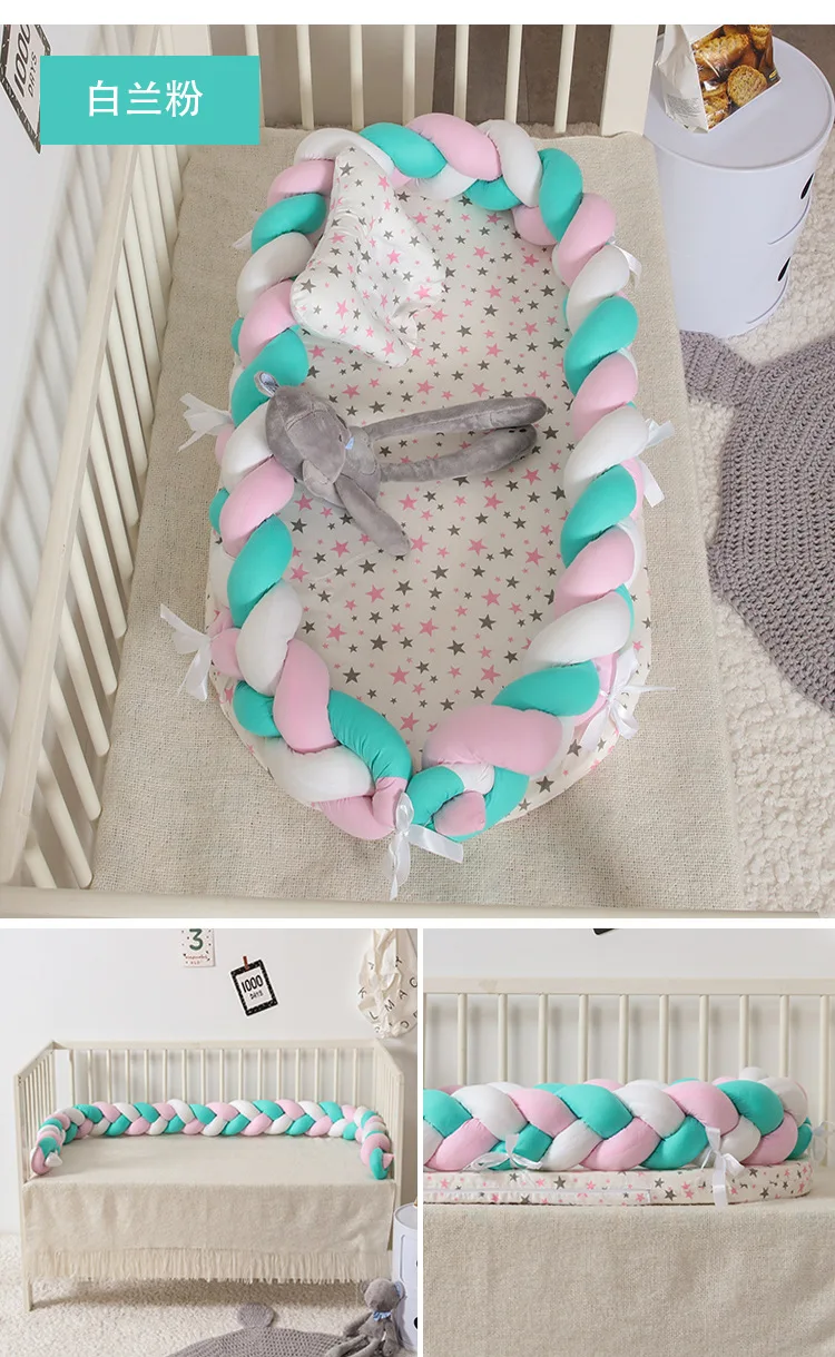 Portable Baby Knit Crib with Pillow Newborn Sleeping Nest Playen Bed Travel Bassinet Bumper Removable And Washable 0-24months