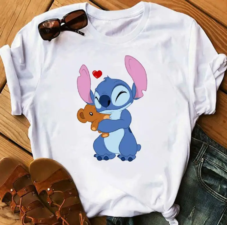 Camiseta de Lilo & playera con puntadas para mujer y hombre, camiseta de dibujos animados de Disney, camiseta blanca de moda