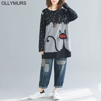 

Women Knitted Cotton T-shirt Graphic Tees Autumn Tops Long Sleeve T Shirt Plus Size Kawaii Cartoon Black cat Print Tshirt 2020