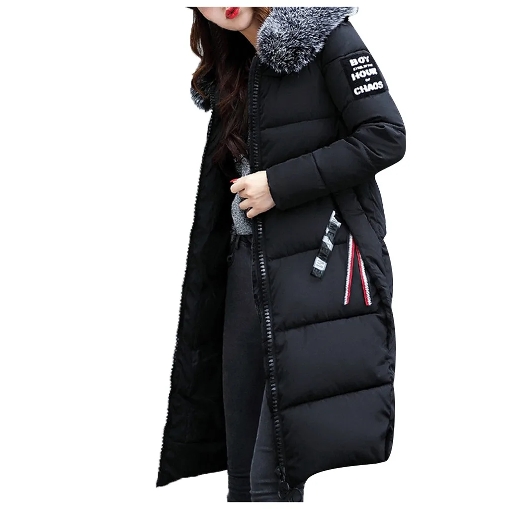 Женские повседневные парки, зимняя теплая хлопковая куртка с капюшоном, пальто с длинными рукавами на молнии, длинные пальто, верхняя одежда с карманами, черные куртки, топы - Цвет: Black