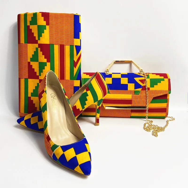 African Kente Wax Fabric Shoes with women bag Pretty cotton bags and soft shoes matching set 36-45 hot selling A910-2