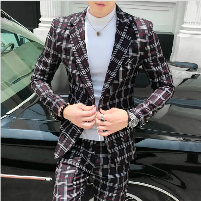2019 autumn   men's plaid classic  suit 2-piece set (blazer + suit pants) men's fashion single button business casual plaid suit