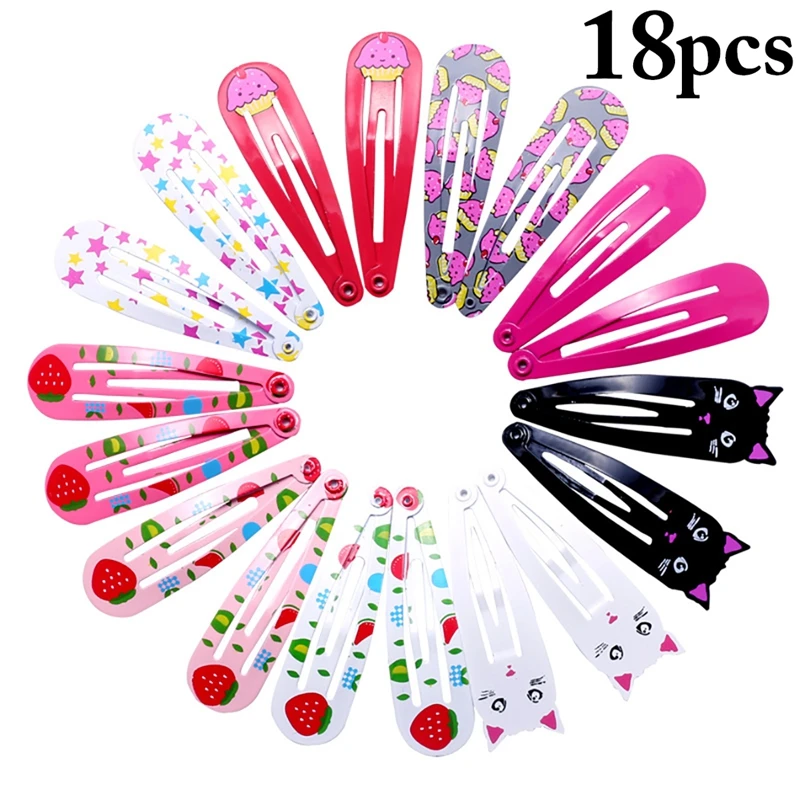 

18pcs Hairpins Snap Hair Clips for Children Girls Hair Accessories Baby Cute Hair Clip Pins Multicolor Cartoon Printed Barrette