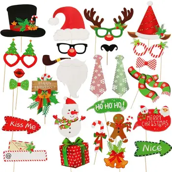 

28pcs Christmas Photo Booth Props Kit Merry Xmas Sign Santa Hat Beard Antler Speech Bauble Holiday Family Reunion Party Decor