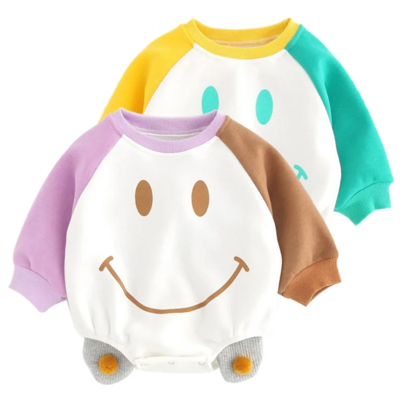 

Winter Baby Rompers Newborn Baby Girl Boy Cartoon smile Plus Velvet Thicken Hooded Jumpsuit Infant Warm Clothes Overalls Outwear