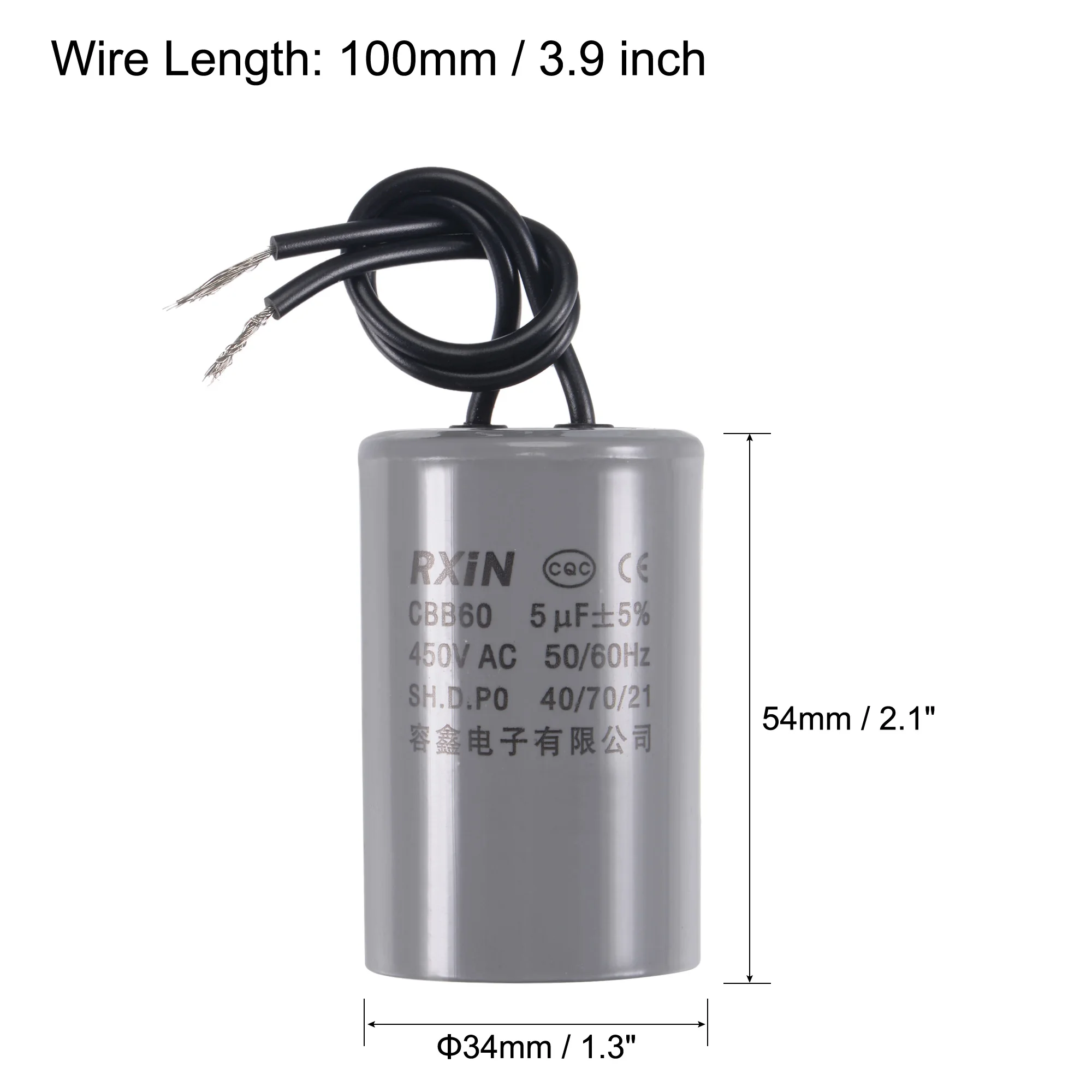 Uxcell CBB60 런 캐패시터, 공기 압축기 워터 펌프 모터용, 5uF, 450V, AC 2 와이어, 50Hz, 60Hz 실린더, 54x34mm