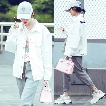 

Women's White Letter Logo Embroidery Loose Denim Coat Jacket