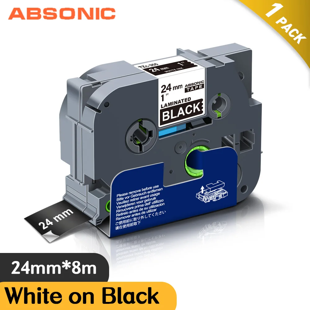 Ламинированные ленты Absonic 24 мм 355 белые на черном для маркеров Brother совместимые с