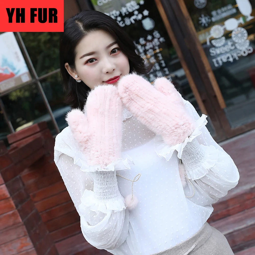 Зимние теплые уличные женские перчатки из натурального меха норки вязаные