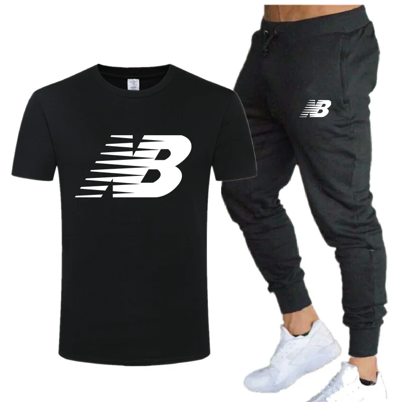 Camiseta de manga corta de algodón con estampado NB para hombre, pantalones de secado rápido, ropa deportiva informal de dos piezas, nueva marca, 2021