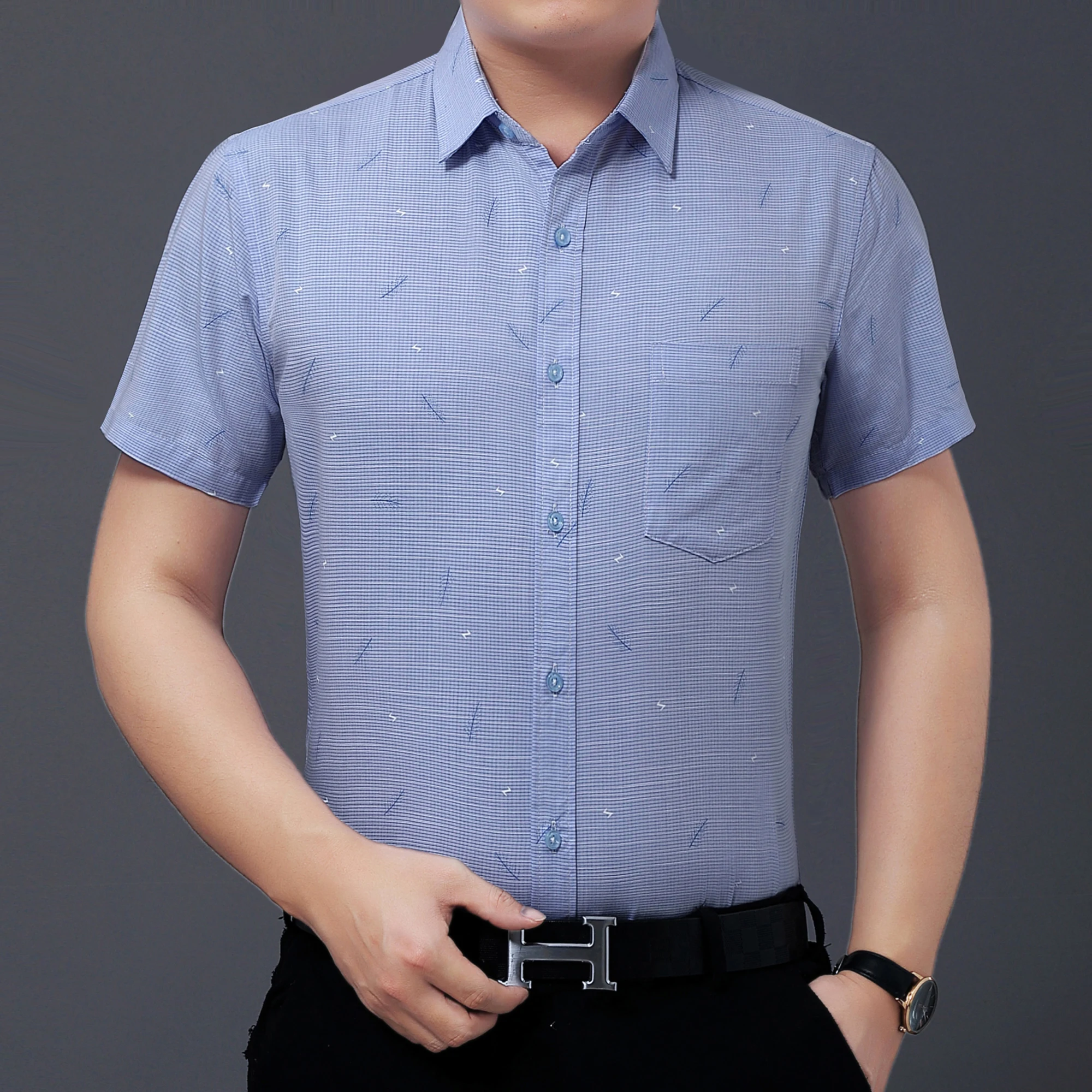 

Summer Man Business Smart Casual Shirt Green Blue Slim Fit Cotton Tops Men Short Sleeve Turn Down Collar Button Front Shirts New