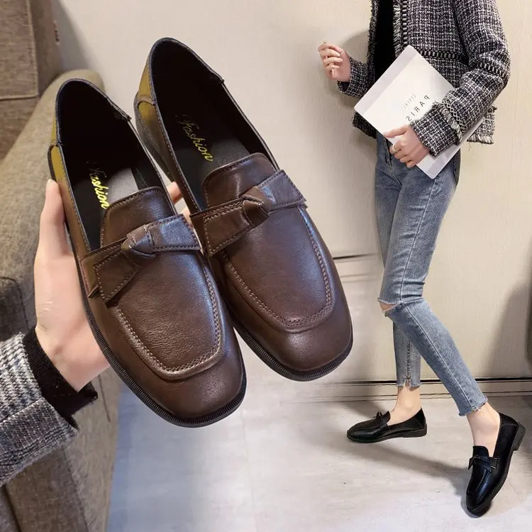 

Shoes Women's Spring And Autumn Flat Bow Retro British Style Small Leather Shoes Versatile Soft Leather Slip-on Loafers