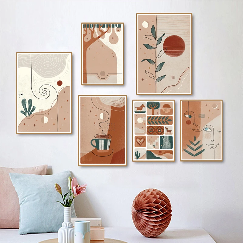 Abstract Boho Desert Plants Wall Art Pictures Animal Coffee Face illustration Line Prints Canvas Painting Nordic Style Decor |