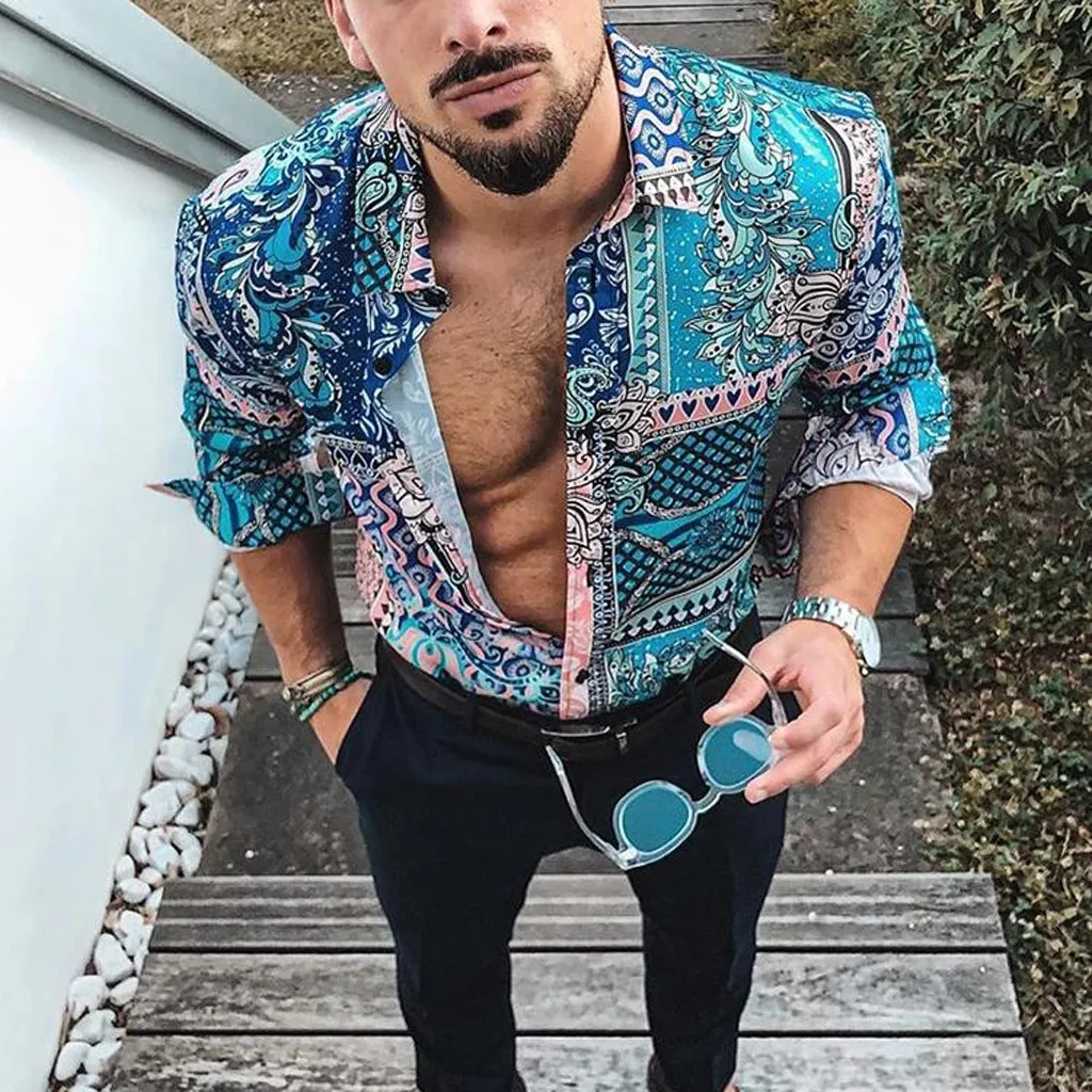 Men's Hawaii Long Sleeve Nice print Shirt Casual Vacation High-street men Shirt Top shirts men dress camisa masculina ropa slim