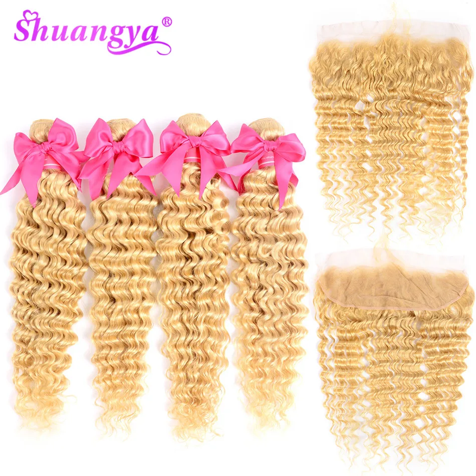 Blonde 613 Bundles With Frontal remyBlonde Deep Wave Bundles With Frontal Peruvian Hair Weave Bundles With Frontal shuangya hair