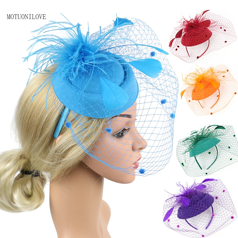 Women's Vintage Feather Fascinator Hats 20s 50s Hat Pillbox Hat Cocktail Tea Party Headwear with Veil Headband Clip Wedding Hats birdcage veil with pearls wedding bandeau veil small birdcage veil blush fascinator