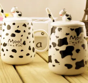 

Cute Creative Speckled Cow Ceramic Cup with Lid Spoon Cartoon Cereal Coffee Mug Household Large Capacity Breakfast Mug Belly Cup