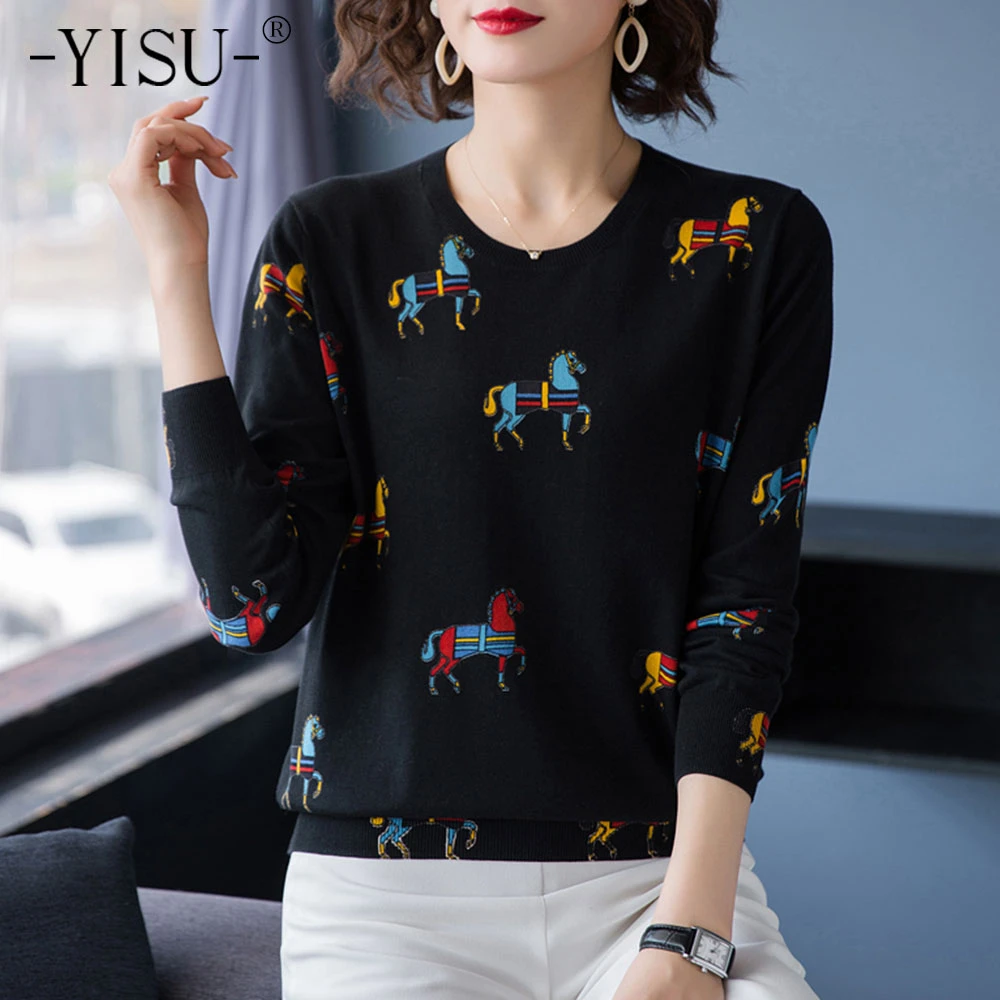 YISU Cartoon horse pattern Printed Sweater Women 2020 Autumn Winter Fashion Knitted Jumper Long Sleeve Pullover Sweater Women yellow sweater