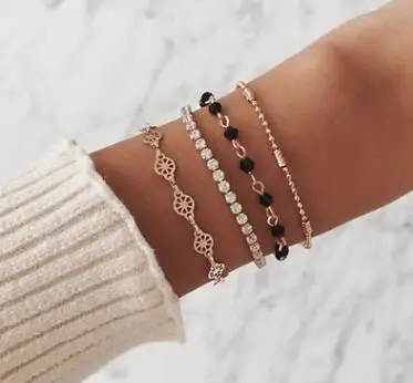 4 Pcs/ Set Simple Engraving Compass Bead Chain Crystal Multilayer Gold Bracelet Lady Exquisite Party Clothing Accessories |