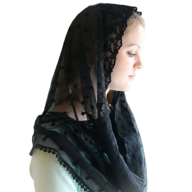 Muslim Floral Lace Veil Scarf Wedding Bride Chapel Head Covering Wrap Latin Mass Mantilla Catholic Hijab
