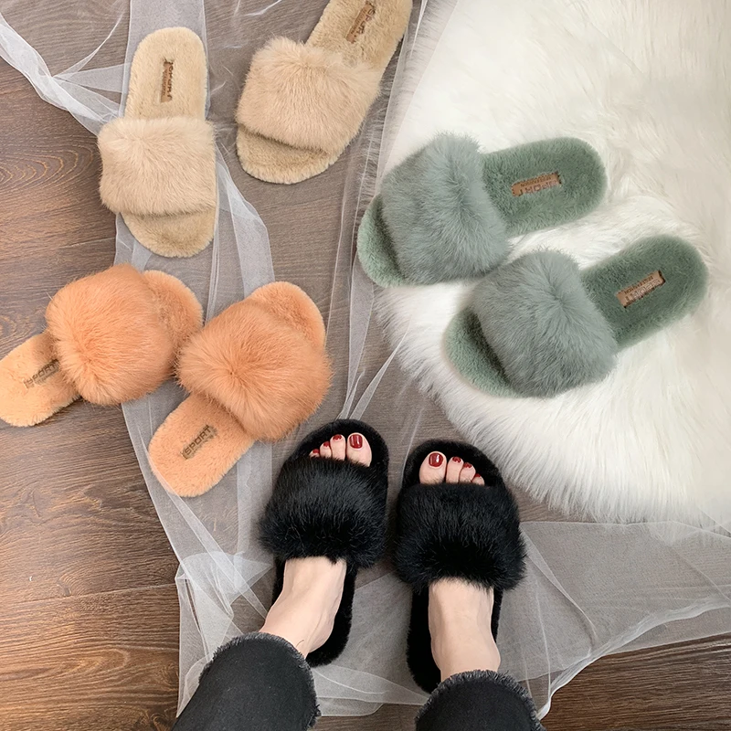 Hot Sale Women Slippers Fashion Fluffy Faux Fur Plush Slippers Women Spring Autumn Slides Flip Flops Flat Shoes 35-40 g754