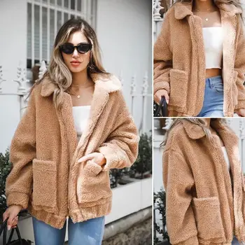 

New Women Coat Warm Winter Wool Lapel Coat Khaki Loose Top Jacket Coat Overcoat Long Sleeve Girls Casual Jackets