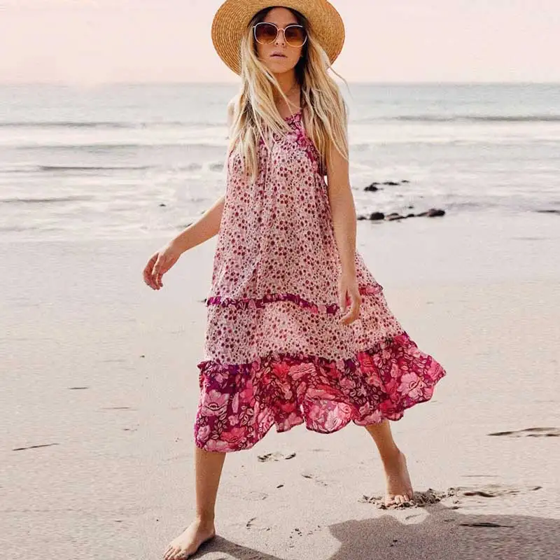 Prix Boho Inspiré rose floral robe d été à bretelles midi fluide robe d été volants chic boho robe 2019 décontracté robe de plage gitane vestidos