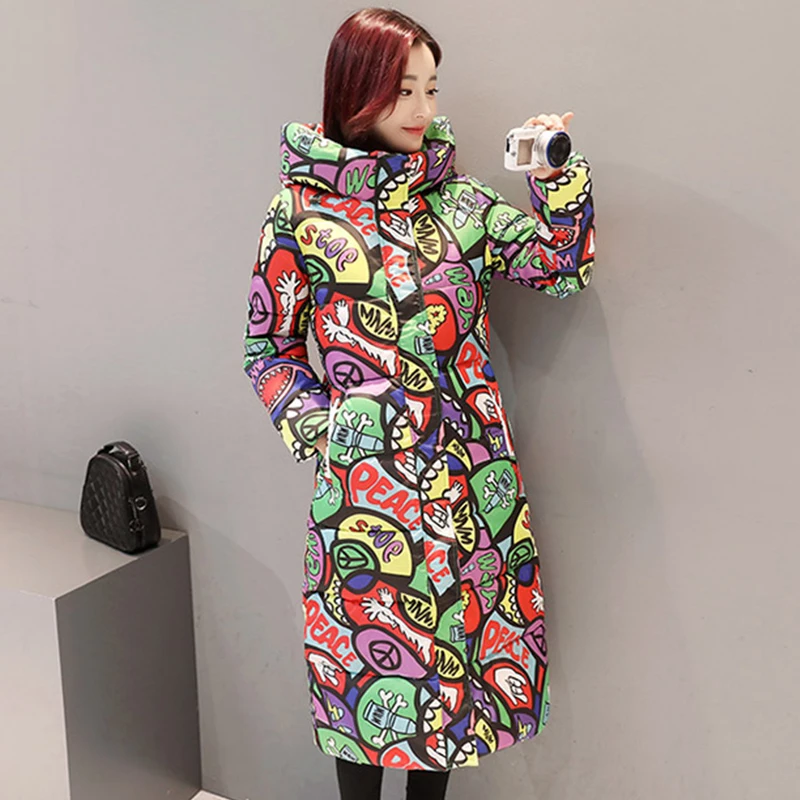 2019 New autumn winter large size women cotton long jacket print thick warm down parka female hooded outerwear cc1224 | Женская одежда