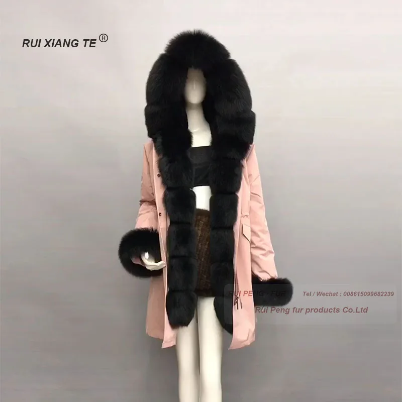 

2019 trendy parka real fur coat women natural fur jacket with hood long winter coat linner real rex rabbit fluffy collar
