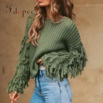 

2019 Winter Fashion Sexy Solid Color Fringed Knitted Flare Sleeve O-neck Sweater Loose Casual Short Paragraph Jumper Pull Femme