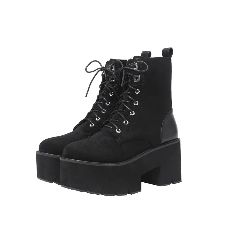 YMECHIC/женские армейские ботинки на платформе в готическом стиле в стиле панк, из искусственной замши, со шнуровкой, на высоком блочном каблуке, черные, готические зимние ботинки ботильоны - Цвет: Черный