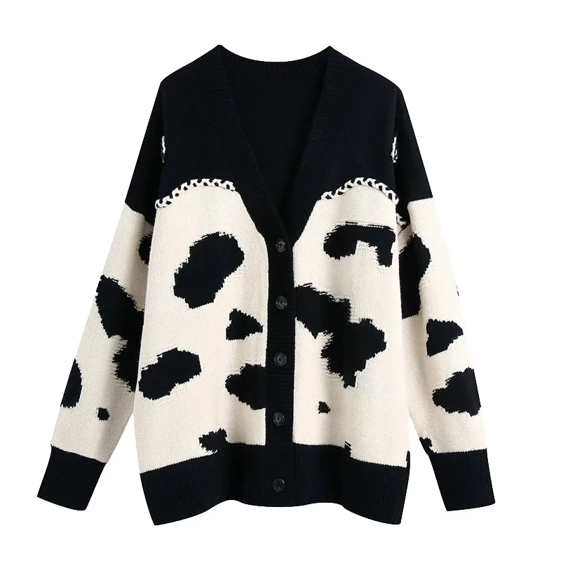 

OVERSIZED Black White Cow Knit Cardigan Sweater Fashion V-neck Long Sleeve Single Breasted Casual Women's Top Autumn Winter New