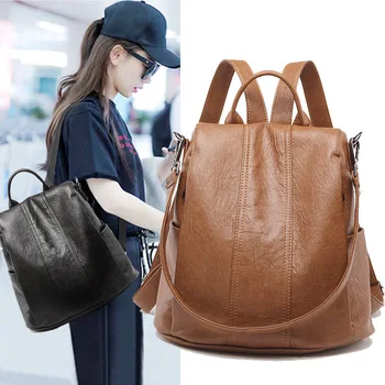 

2019 New Fashion Backpack Women's Bag New Korean Trend Multifunctional Soft Leather Backpack Leisure Travel Bag