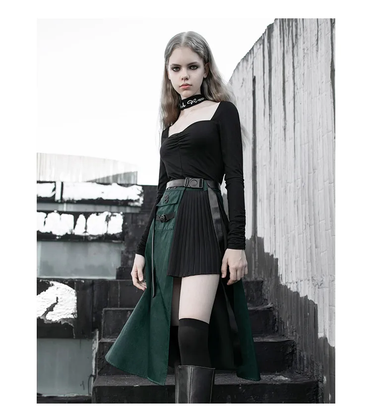 PUNKRAVE уличный модный красивый тонкий плиссированный черный зеленый с завышенной талией неровная строчка юбка женская осенняя и зимняя