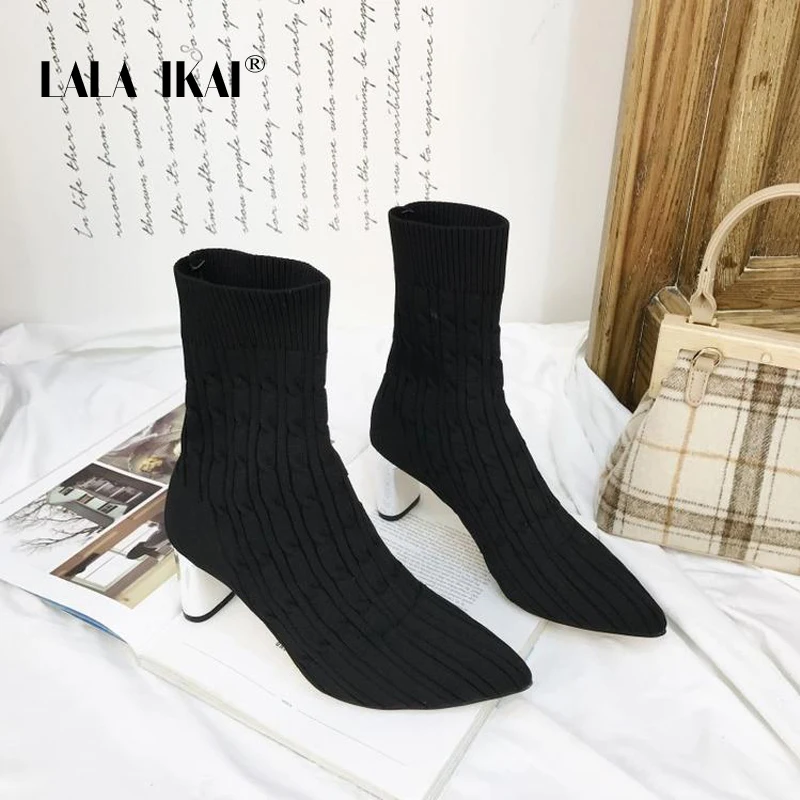 LALA IKAI Women Black Ankle Boots Slip-on Chunky Heels Boots Stretch Fabric Sock Pumps Female Knitted Pointed Toe Boots WC5500-4