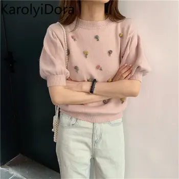 

2019 Autumn Stylish Brief Flowers Pullovers Sweet Office Ladies Loose Puff-Sleeved All-Match Knitted Women Sweaters