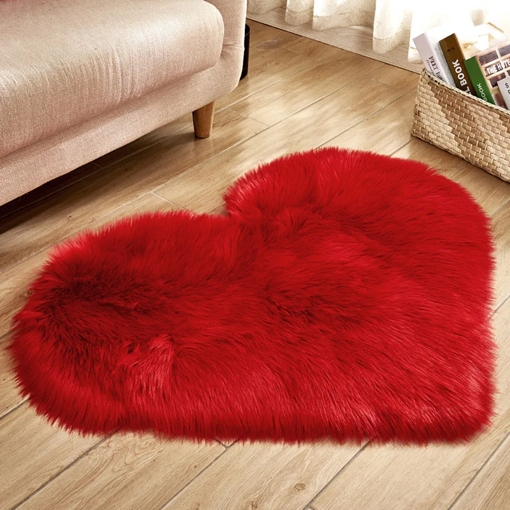 Heart Shaped Fluffy Rug Shaggy Floor Mat Soft Faux Fur Home Bedroom Hairy Carpet Comfortable Shaggy Fluffy Carpet Anti-Skid Rug