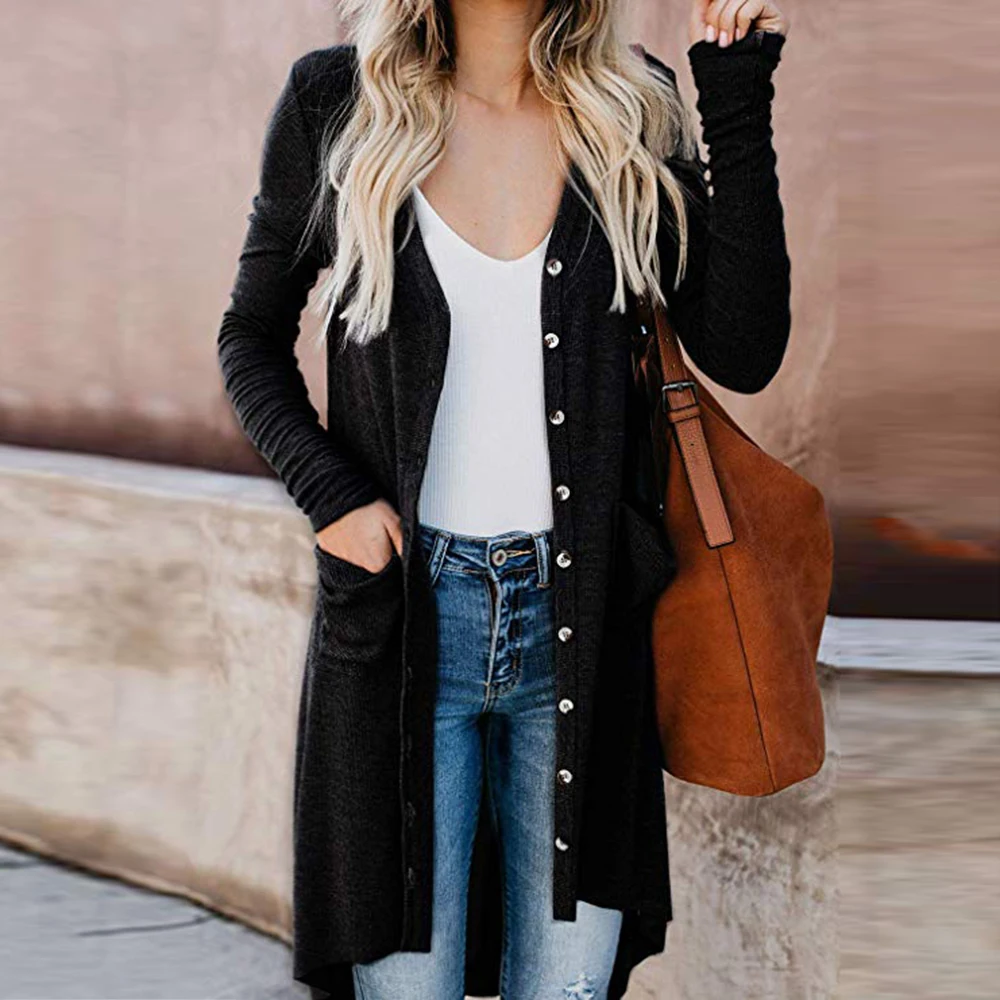 Женский модный однотонный вязаный кардиган с длинными рукавами весна-осень