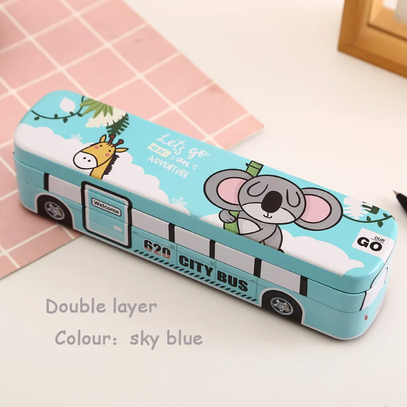 sky blue Creative bus stationery box multi-function pencil box iron box children's school supplies men and women students double-layer p - Цвет: sky blue