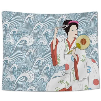 

Japanese Kimono Girl Sea Wave Wall Tapestry Beach Towel Home Decoration