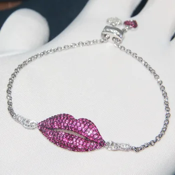 

hot Brand 925 Sterling Silver Micro Pave Zircon CZ Lip Bracelet Chain Bangle fashion Retro mouth lip Face Pop Art bracelet