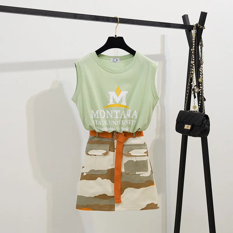 

Summer Set Two-Piece Set WOMEN'S Dress-Style Korean-style Printed Sleeveless T-shirt + High-waisted Slimming Camouflage Skirt