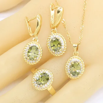 

Olive Greeen Zircon Gold Color Jewelry Sets for Women Earrings Necklace Pendant Rings Gift Box