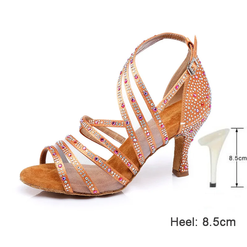 HROYL/женские туфли для латинских танцев для девушек; женские туфли со стразами для бальных танцев; танцевальные туфли для танго; 10/8. 5/7. 5/6 см; каблуки; Прямая поставка - Цвет: Brown 8.5CM