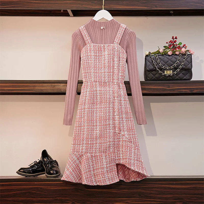 New fashion week Autumn Elegant Women pink Sexy Knitted Pullover Sweaters top+ ladies tweed strap dresses vestido 2pcs Set suit